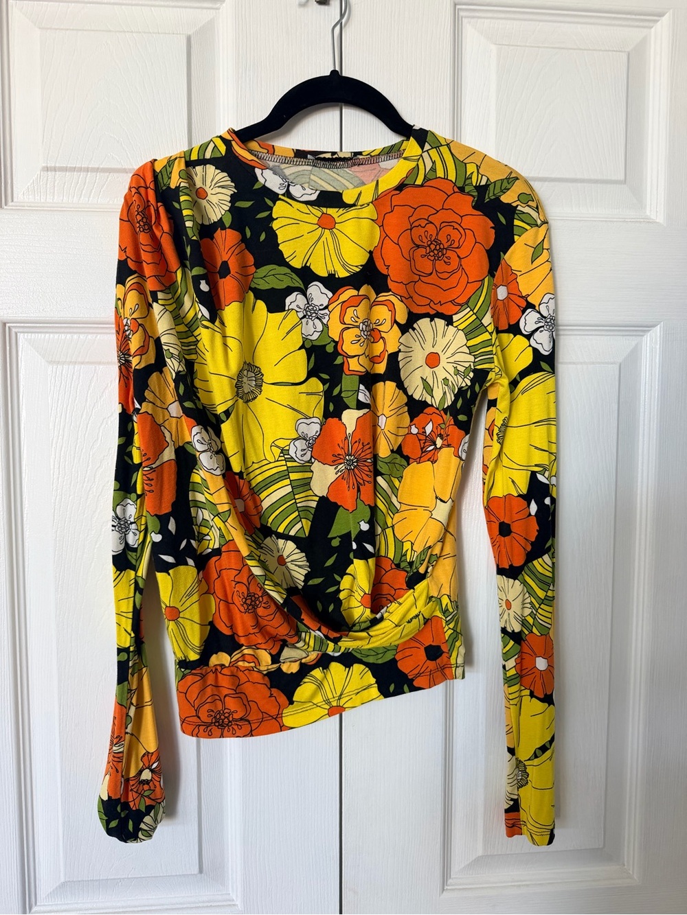 Zara Floral Twist-Hem Long Sleeve Top - Yellow, Orange, Black